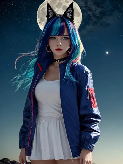 (1girl, solo:1.4), (multicolored hair:1.2), (blue hair:1.2), long hair, streaked hair, halo, looking at viewer, animal ears, green eyes, earring, blue jacket, choker, upper body, floating hair, open jacket
night, full moon, outdoors