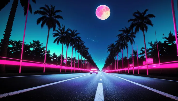 (retrowave), (road), (car), (enormous moon), (palm trees on the side of the road), (pink and blue color scheme), (purple neon lights), 1980s, outside the city
highly detailed, wide shot
\\ Made with ONE FOR ALL checkpoint by Chaos Experience @ https://civitai.com/user/ChaosExperience/ \\