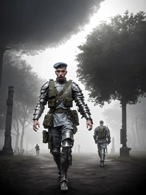 dystopian scene, In a futuristic post-war setting, (a futuristic soldier:1.2) walks towards the camera in a canal, gazing out at the battlefield. the soldier is wearing(intricate armor:1.2). foggy background, casting dramatic shadows. Volumetric lighting, enhancing the ethereal atmosphere of the setting, darkness, rim lighting, detailed:1.2, sharp focus:1.2, realistic:1.3
\\ Made with ONE FOR ALL checkpoint by Chaos Experience @ https://civitai.com/user/ChaosExperience/ \\
