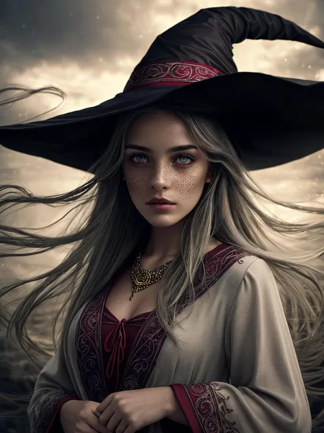 photorealistic, 35mm, intricate details, hdr, intricate details, hyperdetailed, natural skin texture, hyperrealism, sharp, 1 girl, adult (elven:0.7) woman, freckles, grey eyes, chestnut layered hair, portrait, looking down, solo, half shot, detailed background, witch hat, witch, magical atmosphere, hair flowing in the wind, red trimmed light colored clothes, (whirlwind of swirling magic spell in the air : dark magic:1.2), (style-swirlmagic:0.8), floating particles