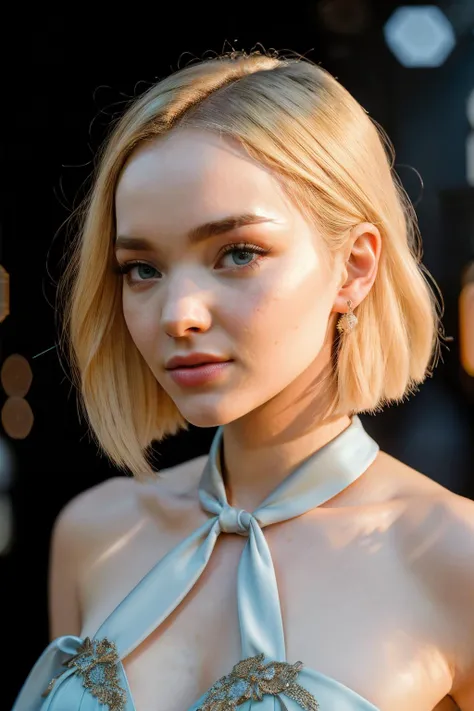 photoshoot of doveCam1, (blonde hair), (pixie cut), , detailed skin texture, (blush:0.2), (goosebumps:0.3), (light blue dress), subsurface scattering, Photorealistic, Hyperrealistic, Hyperdetailed, analog style, hip cocked, demure, detailed skin, matte skin, soft lighting, subsurface scattering, realistic, heavy shadow, masterpiece, best quality, ultra realistic, 8k, golden ratio, Intricate, High Detail, film photography, soft focus