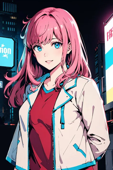 masterpiece, best quality, <lora:paff-nvwls-v1-000009:0.9> PAFF, pink hair, white jacket, red shirt, upper body, portrait, glowing eyes, blue eyes, looking at viewer, neon signs, cyberpunk, smile
