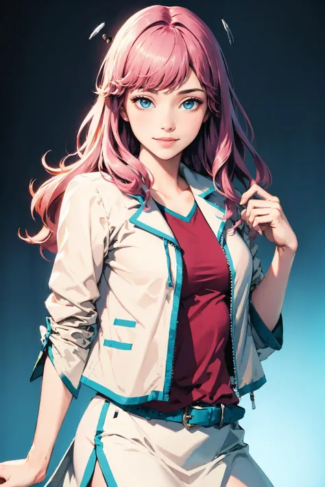 masterpiece, best quality, <lora:paff-nvwls-v1-000009:1> PAFF, pink hair, white jacket, red shirt, white skirt, belt, upper body, blue background, gradient background, looking at viewer, smile