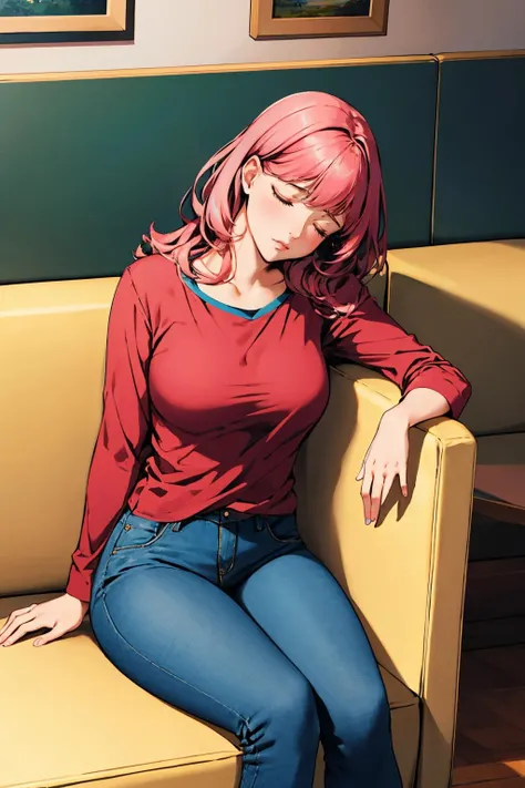 masterpiece, best quality, <lora:paff-nvwls-v1-000009:0.9> PAFF, pink hair, sitting, indoors, couch, sleeping, tired, red shirt, jeans