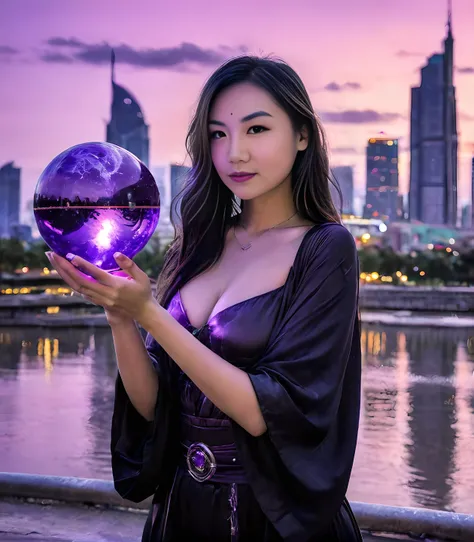 Fanfan is as a sorceress casting a magic spell, magic spell, holding glowing purple magic orb up in front of her, floating violet orb, glowing orb, collecting green magic from the force, futuristic cyberpunk world, powerful, background is a floating glowing city, upper body photo, evil expression, slight smile, looking at camera, shot on nikon d3300 <lora:FanfanSDXL1.0:1>