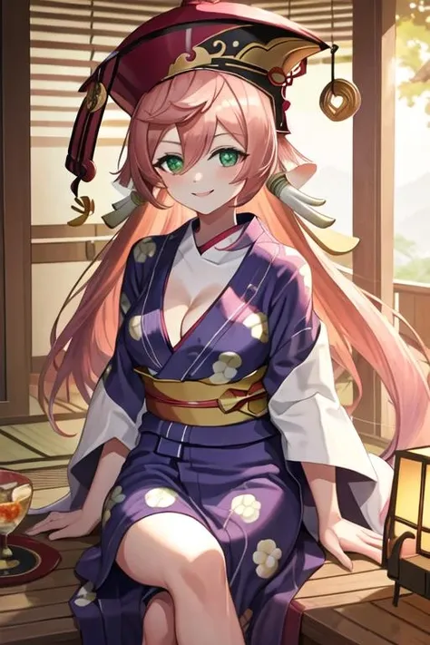 best quality, masterpiece, highres, solo, {yukata:1.40}, {kimono:1.20}, {yanfei_genshin:1.15}, pink_hair, long_hair, green_eyes, hair_between_eyes, bangs, hat, red_headwear, antlers, smile, breasts, small_breasts, cleavage, midriff, horns