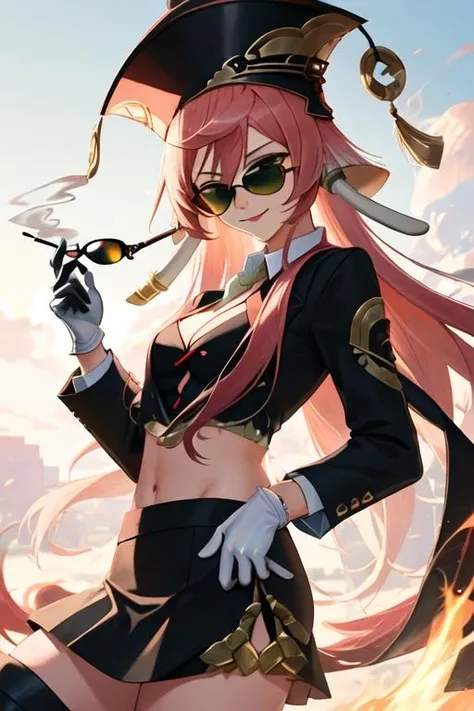 best quality, masterpiece, highres, solo, {black business suit:1.40}, {tie:1.20}, {sunglasses:1.25}, {white gloves:1.15}, {white shirt:1.10}, {black skirt:1.15}, {smoking:1.20}, handsome, {yanfei_genshin:1.15}, pink_hair, long_hair, green_eyes, hair_between_eyes, bangs, hat, red_headwear, antlers, smile, breasts, small_breasts, cleavage, midriff, horns