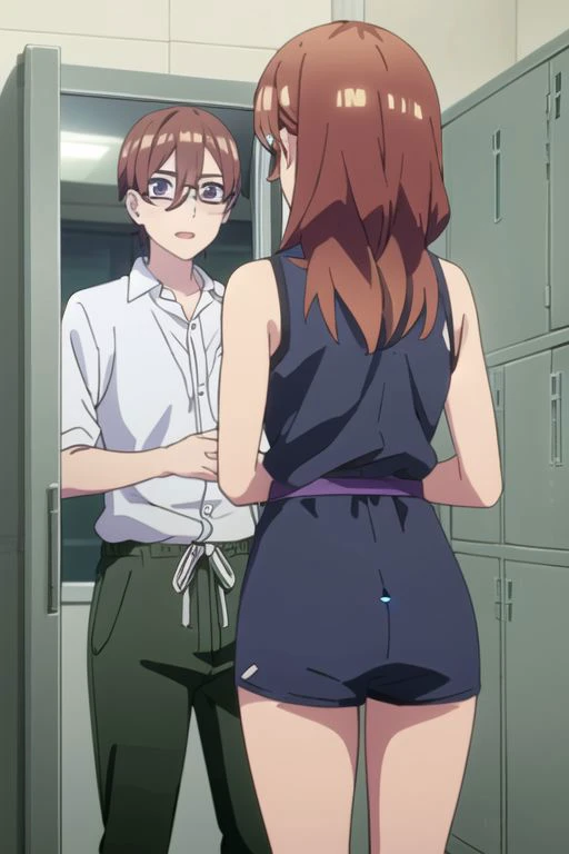 masterpiece,best quality,highly detailed, two people(1 girl, 1boy),  miku, muku nakano, season2, brown hair, long hair, short hair, toothy smile, inside men s locker room, looking at mirror, seeing herself in reflection, anime screencap, anime coloring, very colorful, 8k masterpiece, blue eyes, standing, (waifu, anime, exceptional, best aesthetic, new, newest, best quality, masterpiece, extremely detailed:1.2),, masterpiece, best quality,<lora:Quints-50:1> cross_swimming_trunks, male swimwear, swim trunks, black shorts,
BREAK
<lora:mirrorTrans:0.4>,(((girl looking at boy in mirror,mirror,reflection, looking at male in mirror rule 63))),henshin,henshin pose,mirror on desk,