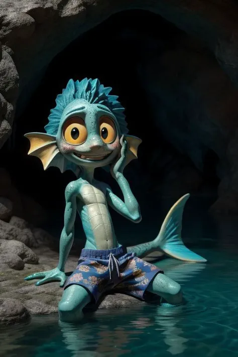 chibi, solo, male, luca paguro, humanoid, fishboy, green skin, freckles, skinny, short, long tail, tail fin, elbow fin, head tuft, scales, yellow sclera, big eyes, round face, nervous smile, (ribs:0.8), print swim trunks, swimming trunks, webbed hands, webbed feet, masterpiece, extreme detail, night, outside, ocean, cave, (baggy swimming trunks:1.3), oversized clothes, floral pattern, sitting, in water, all fours, moonlight, looking at viewer, shy, blush, reflection, raised arm, hand on cheek