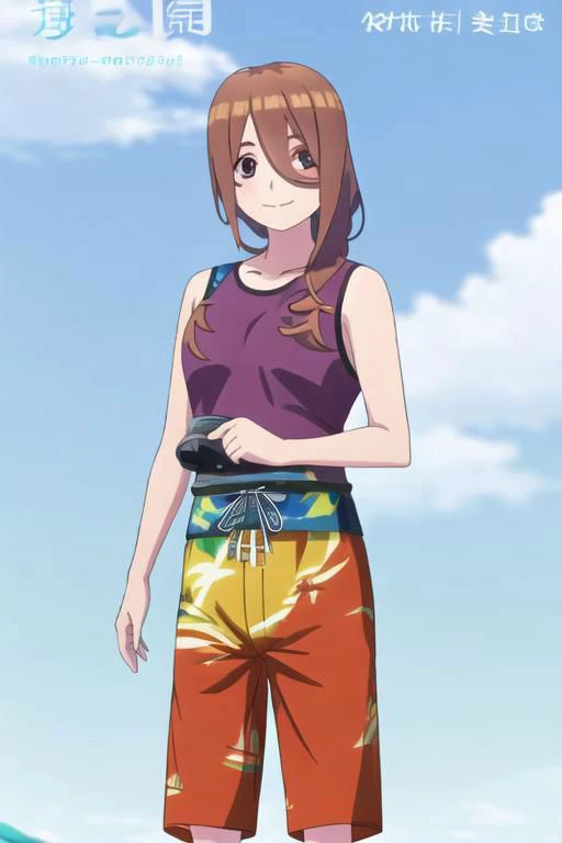 Miku, 1 girl, solo, brown hair, long hair, season2, looking at viewer, smile, male swimwear, print male swimwear, print swim trunks, cross_swimming_trunks