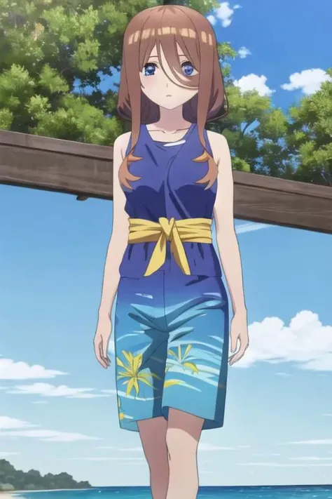 1 girl, miku, muku nakano, season2, brown hair, long hair, Tshirt, looking at viewer, beach background, sky, anime screencap, anime coloring, very colorful, 8k masterpiece, blue eyes, standing, (waifu, anime, exceptional, best aesthetic, new, newest, best quality, masterpiece, extremely detailed:1.2),, masterpiece, best quality,<lora:Quints-50:1>
<lora:long_swim_trunks-06:1> cross_swimming_trunks, crossdressing, print male swimwear, print swim trunks, arms behind head, blue swimwear,