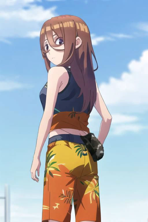 Miku, 1 girl, solo, brown hair, long hair, season2, looking at viewer, male swimwear, print male swimwear, print swim trunks, cross_swimming_trunks