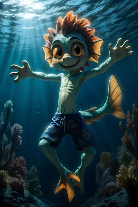 chibi, solo, male, luca paguro, humanoid, fishboy, green skin, freckles, skinny, short, long tail, tail fin, elbow fin, head tuft, scales, yellow sclera, big eyes, round face, nervous smile, (ribs:0.8), print swim trunks, swimming trunks, webbed hands, webbed feet, masterpiece, extreme detail, night, underwater, ocean, (baggy swimming trunks:1.3), oversized clothes, floral pattern, sitting, floating, flying, moonlight, looking at viewer, shy, blush, reflection, raised arm, reaching toward viewer, flippers