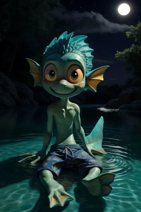 chibi, solo, male, luca paguro, humanoid, fishboy, green skin, freckles, skinny, short, long tail, tail fin, elbow fin, head tuft, scales, yellow sclera, big eyes, round face, nervous smile, (ribs:0.8), print swim trunks, swimming trunks, webbed hands, webbed feet, masterpiece, extreme detail, night, outside, ocean, lagoon, (baggy swimming trunks:1.3), oversized clothes, floral pattern, sitting, in water, all fours, moonlight, looking at viewer, shy, blush, reflection