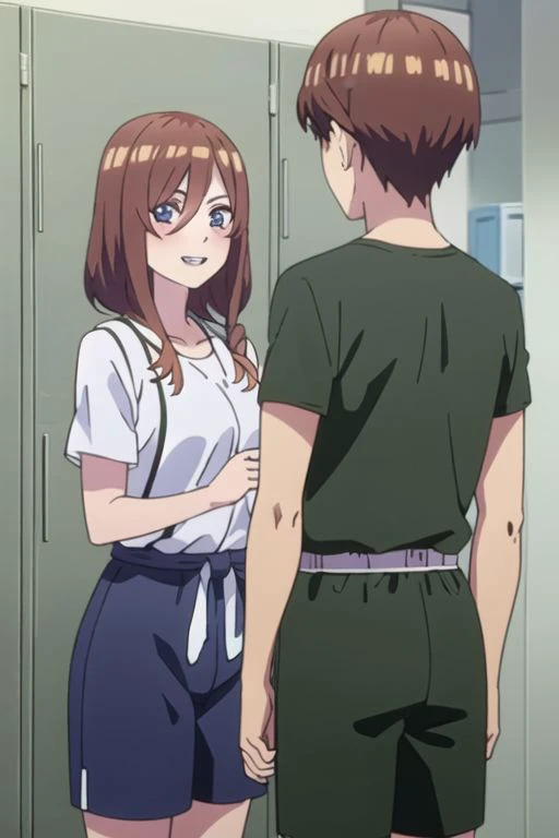 masterpiece,best quality,highly detailed, two people(1 girl, 1boy),  miku, muku nakano, season2, brown hair, long hair, short hair, toothy smile, inside men s locker room, looking at mirror, seeing herself in reflection, anime screencap, anime coloring, very colorful, 8k masterpiece, blue eyes, standing, (waifu, anime, exceptional, best aesthetic, new, newest, best quality, masterpiece, extremely detailed:1.2),, masterpiece, best quality,<lora:Quints-50:1> cross_swimming_trunks, male swimwear, swim trunks, black shorts,
BREAK
<lora:mirrorTrans:0.4>,(((girl looking at boy in mirror,mirror,reflection, looking at male in mirror rule 63))),henshin,henshin pose,mirror on desk,