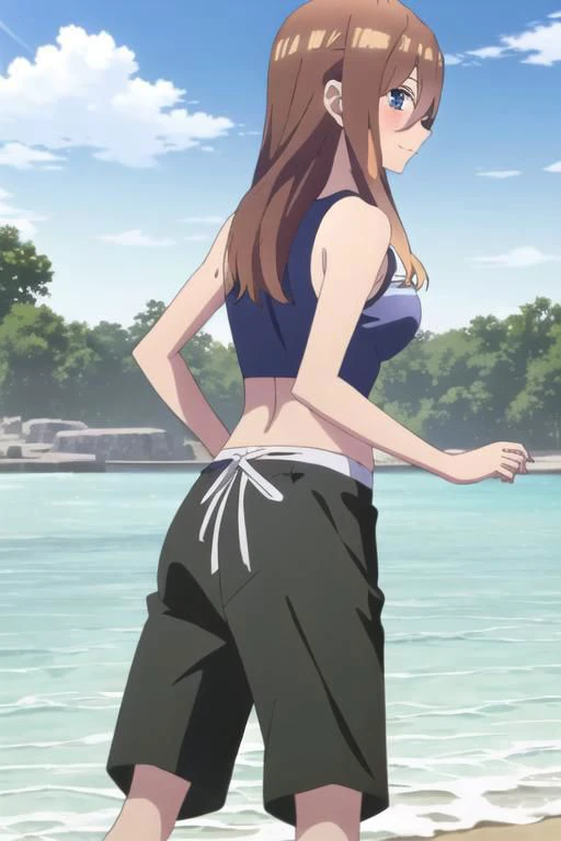 1 girl, miku, muku nakano, season2, brown hair, long hair, Tshirt, looking at viewer, from behind, smile, looking at viewer, beach background, sky, anime screencap, anime coloring, very colorful, 8k masterpiece, blue eyes, standing, (waifu, anime, exceptional, best aesthetic, new, newest, best quality, masterpiece, extremely detailed:1.2),, masterpiece, best quality,<lora:Quints-50:1>
cross_swimming_trunks, crossdressing, print male swimwear, print swim trunks, sports bra, blue swimwear,