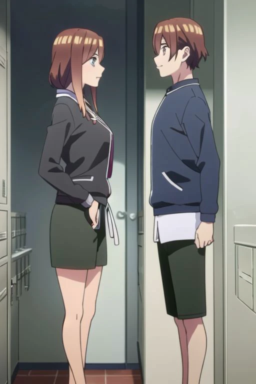 masterpiece,best quality,highly detailed,  miku, muku nakano, season2, brown hair, long hair, short hair, toothy smile, inside men s locker room, side view, looking at mirror, 1girl seeing 1boy in mirror reflection, perfect mirror reflection, looking at another through mirror, anime screencap, anime coloring, very colorful, 8k masterpiece, blue eyes, standing, (waifu, anime, exceptional, best aesthetic, new, newest, best quality, masterpiece, extremely detailed), masterpiece, best quality,<lora:Quints-50:1> cross_swimming_trunks, male swimwear, swim trunks, black shorts,
BREAK (((girl looking at boy in mirror,mirror,reflection, side view, looking at male in mirror rule 63)))