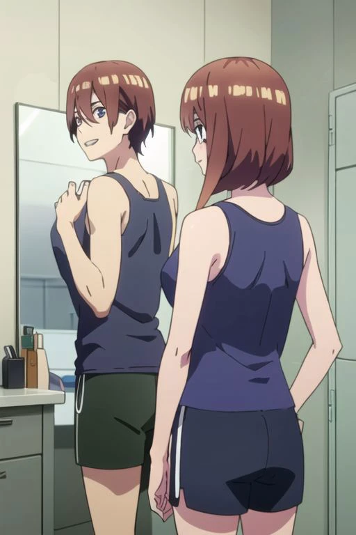 masterpiece,best quality,highly detailed, two people(1 girl, 1boy),  miku, muku nakano, season2, brown hair, long hair, short hair, toothy smile, inside men s locker room, looking at mirror, seeing herself in reflection as a boy, anime screencap, anime coloring, very colorful, 8k masterpiece, blue eyes, standing, (waifu, anime, exceptional, best aesthetic, new, newest, best quality, masterpiece, extremely detailed:1.2),, masterpiece, best quality,<lora:Quints-50:1> cross_swimming_trunks, male swimwear, swim trunks, black shorts,
BREAK
<lora:mirrorTrans:0.4>,(((girl looking at boy in mirror,mirror,reflection, looking at male in mirror rule 63))),henshin,henshin pose,mirror on desk,
