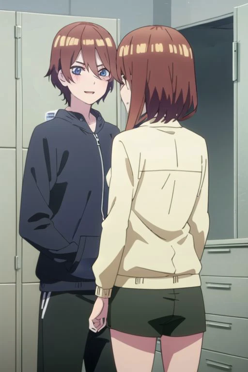 masterpiece,best quality,highly detailed,  miku, muku nakano, season2, brown hair, long hair, short hair, toothy smile, inside men s locker room, looking at mirror, 1girl seeing 1boy in mirror reflection, anime screencap, anime coloring, very colorful, 8k masterpiece, blue eyes, standing, (waifu, anime, exceptional, best aesthetic, new, newest, best quality, masterpiece, extremely detailed:1.2),, masterpiece, best quality,<lora:Quints-50:1> cross_swimming_trunks, male swimwear, swim trunks, black shorts,
BREAK
<lora:mirrorTrans:0.4>,(((girl looking at boy in mirror,mirror,reflection, looking at male in mirror rule 63))),henshin,henshin pose,mirror on desk,