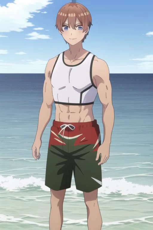 1 boy, season2, brown hair, short hair, black sports bra, muscular, muscular male, looking at viewer, toothy smile, beach background, sky, anime screencap, anime coloring, very colorful, 8k masterpiece, blue eyes, standing, (waifu, anime, exceptional, best aesthetic, new, newest, best quality, masterpiece, extremely detailed:1.2),, masterpiece, best quality,<lora:Quints-50:1>
cross_swimming_trunks, male swimwear, swim trunks, black shorts,