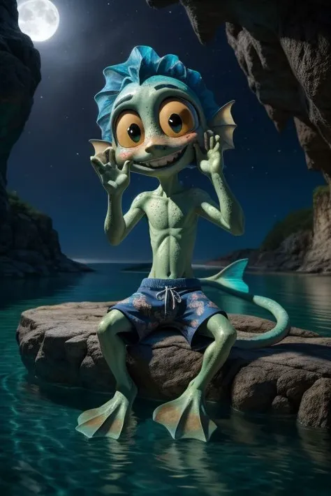 chibi, solo, male, luca paguro, humanoid, fishboy, green skin, freckles, skinny, short, long tail, tail fin, elbow fin, head tuft, scales, yellow sclera, big eyes, round face, nervous smile, (ribs:0.8), print swim trunks, swimming trunks, webbed hands, webbed feet, masterpiece, extreme detail, night, outside, ocean, cave, (baggy swimming trunks:1.3), oversized clothes, floral pattern, sitting, feet in water, moonlight, looking at viewer, shy, blush, reflection, raised arm, hand on cheek
