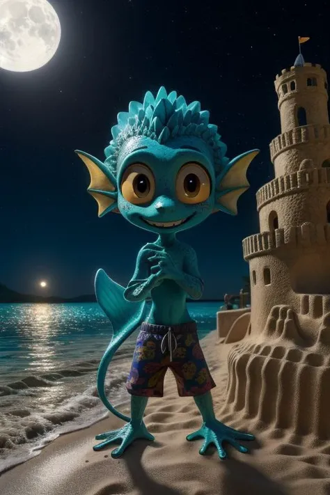 chibi, solo, male, luca paguro, humanoid, fishboy, green skin, freckles, skinny, short, long tail, tail fin, elbow fin, head tuft, scales, yellow sclera, big eyes, round face, nervous smile, (ribs:0.8), print swim trunks, swimming trunks, webbed hands, webbed feet, masterpiece, extreme detail, night, outside, beach, lagoon, (baggy swimming trunks:1.4), oversized clothes, floral pattern, crouching, bent over, all fours, building a sand castle, moonlight, looking at viewer, shy, blush