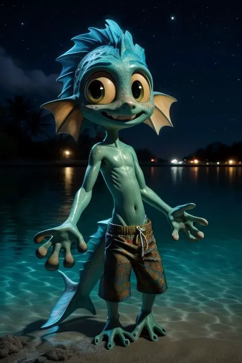 chibi, solo, male, luca paguro, humanoid, fishboy, green skin, freckles, skinny, short, long tail, tail fin, elbow fin, head tuft, scales, yellow sclera, big eyes, round face, nervous smile, (ribs:0.8), print swim trunks, swimming trunks, webbed hands, webbed feet, masterpiece, extreme detail, night, outside, beach, lagoon, (baggy swimming trunks:1.4), oversized clothes, floral pattern, standing, moonlight, looking at viewer, shy, blush