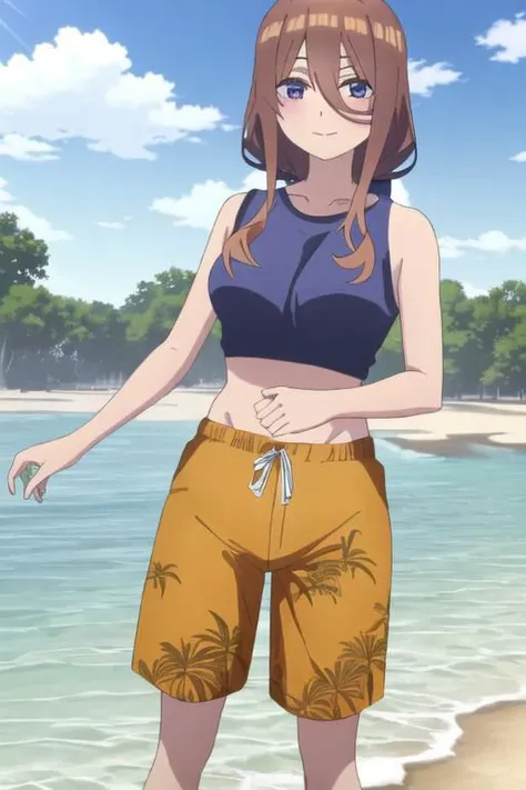 1 girl, miku, muku nakano, season2, brown hair, long hair, Tshirt, looking at viewer, smile, looking at viewer, beach background, sky, anime screencap, anime coloring, very colorful, 8k masterpiece, blue eyes, standing, (waifu, anime, exceptional, best aesthetic, new, newest, best quality, masterpiece, extremely detailed:1.2),, masterpiece, best quality,<lora:Quints-50:1>
cross_swimming_trunks, crossdressing, male swimwear, print swim trunks, sports bra, shorts,