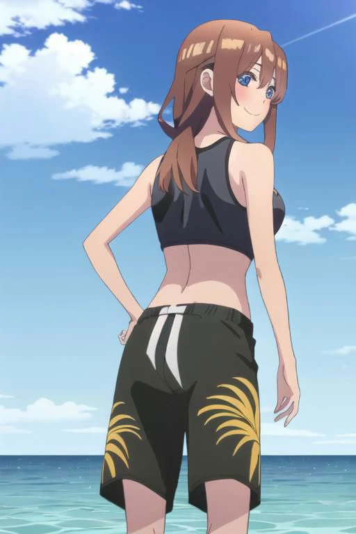 1 girl, miku, muku nakano, season2, brown hair, long hair, black sports bra, looking at viewer, smile, looking back, from behind, tomboy, beach background, sky, anime screencap, anime coloring, very colorful, 8k masterpiece, blue eyes, standing, (waifu, anime, exceptional, best aesthetic, new, newest, best quality, masterpiece, extremely detailed:1.2),, masterpiece, best quality,<lora:Quints-50:1>
cross_swimming_trunks, crossdressing, male swimwear, print swim trunks, black shorts,