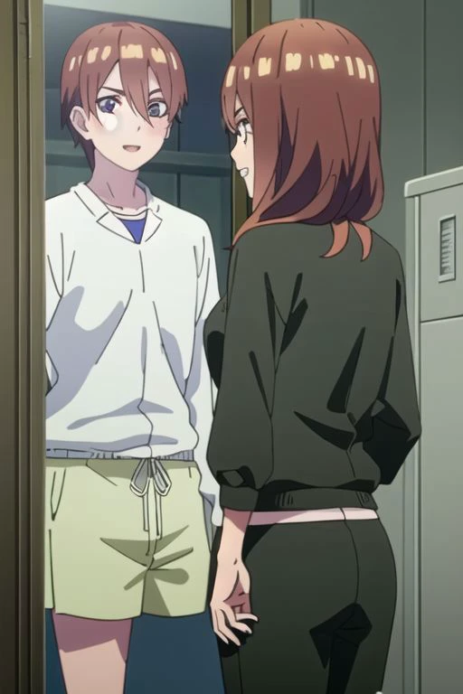 masterpiece,best quality,highly detailed,  miku, muku nakano, season2, brown hair, long hair, short hair, toothy smile, inside men s locker room, looking sideways, looking at mirror, 1girl seeing 1boy in mirror reflection, perfect mirror reflection, anime screencap, anime coloring, very colorful, 8k masterpiece, blue eyes, standing, (waifu, anime, exceptional, best aesthetic, new, newest, best quality, masterpiece, extremely detailed), masterpiece, best quality,<lora:Quints-50:1> cross_swimming_trunks, male swimwear, swim trunks, black shorts,
BREAK (((girl looking at boy in mirror,mirror,reflection, looking at male in mirror rule 63))),henshin,henshin pose,mirror on desk,
