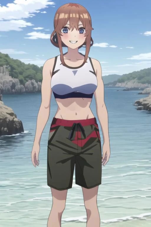 1 bro girl, season2, brown hair, hair, black sports bra, muscular, muscular female, looking at viewer, toothy smile, beach background, sky, anime screencap, anime coloring, very colorful, 8k masterpiece, blue eyes, standing, (waifu, anime, exceptional, best aesthetic, new, newest, best quality, masterpiece, extremely detailed:1.2),, masterpiece, best quality,<lora:Quints-50:1>
cross_swimming_trunks, male swimwear, swim trunks, black shorts,