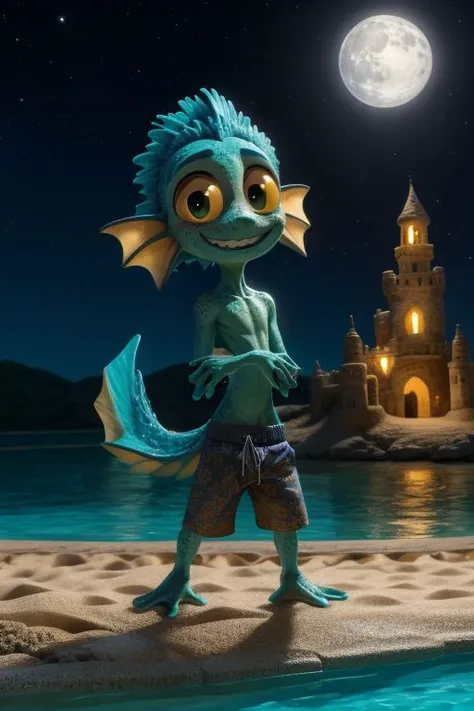 chibi, solo, male, luca paguro, humanoid, fishboy, green skin, freckles, skinny, short, long tail, tail fin, elbow fin, head tuft, scales, yellow sclera, big eyes, round face, nervous smile, (ribs:0.8), print swim trunks, swimming trunks, webbed hands, webbed feet, masterpiece, extreme detail, night, outside, beach, lagoon, (baggy swimming trunks:1.4), oversized clothes, floral pattern, crouching, bent over, all fours, building a sand castle, moonlight, looking at viewer, shy, blush