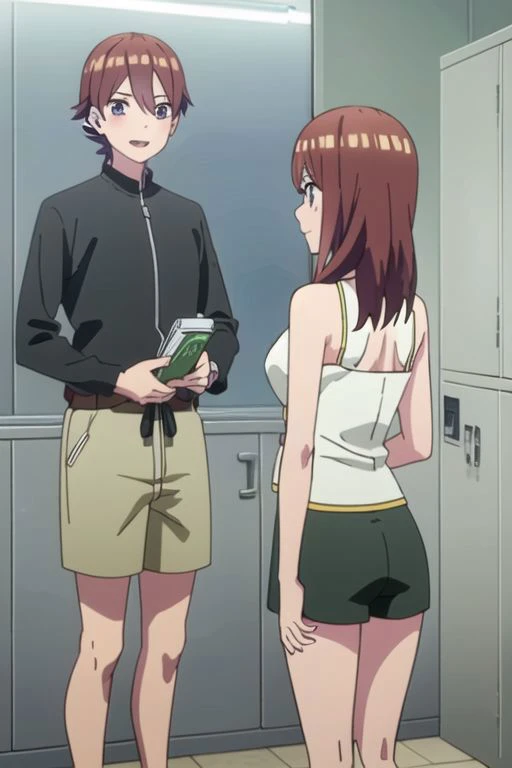 masterpiece,best quality,highly detailed, two people(1 girl, 1boy),  miku, muku nakano, season2, brown hair, long hair, short hair, toothy smile, inside men s locker room, looking sideways, looking at mirror, seeing herself in reflection, anime screencap, anime coloring, very colorful, 8k masterpiece, blue eyes, standing, (waifu, anime, exceptional, best aesthetic, new, newest, best quality, masterpiece, extremely detailed:1.2),, masterpiece, best quality,<lora:Quints-50:1> cross_swimming_trunks, male swimwear, swim trunks, black shorts,
BREAK
<lora:mirrorTrans:0.4>,(((looking at mirror,mirror,reflection, looking at male in mirror rule 63))),henshin,henshin pose,mirror on desk,