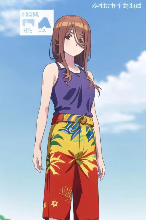 Miku, 1 girl, solo, brown hair, long hair, season2, 18 years old, looking at viewer, male swimwear, print male swimwear, print swim trunks, cross_swimming_trunks
