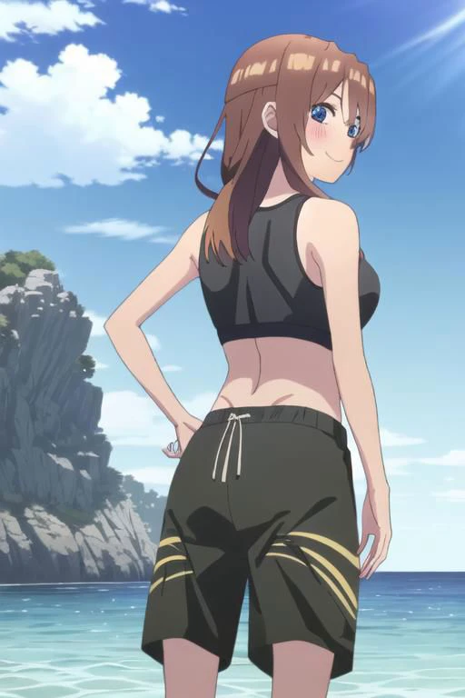 1 girl, miku, muku nakano, season2, brown hair, long hair, black sports bra, looking at viewer, smile, looking back, from behind, beach background, sky, anime screencap, anime coloring, very colorful, 8k masterpiece, blue eyes, standing, (waifu, anime, exceptional, best aesthetic, new, newest, best quality, masterpiece, extremely detailed:1.2),, masterpiece, best quality,<lora:Quints-50:1>
cross_swimming_trunks, crossdressing, male swimwear, print swim trunks, black shorts,