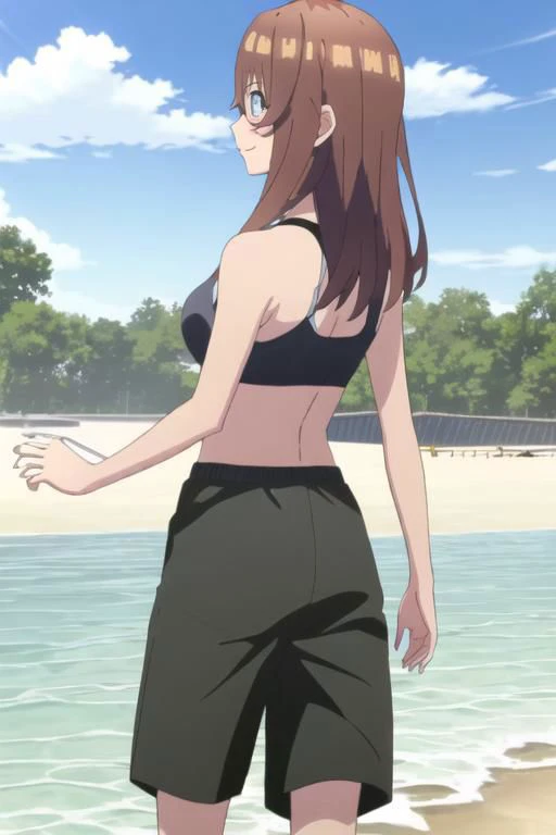 1 girl, miku, muku nakano, season2, brown hair, long hair, Tshirt, looking at viewer, smile, looking at viewer, from behind, beach background, sky, anime screencap, anime coloring, very colorful, 8k masterpiece, blue eyes, standing, (waifu, anime, exceptional, best aesthetic, new, newest, best quality, masterpiece, extremely detailed:1.2),, masterpiece, best quality,<lora:Quints-50:1>
cross_swimming_trunks, crossdressing, male swimwear, print swim trunks, sports bra, black shorts,