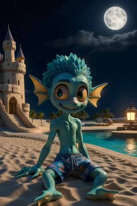 chibi, solo, male, luca paguro, humanoid, fishboy, green skin, freckles, skinny, short, long tail, tail fin, elbow fin, head tuft, scales, yellow sclera, big eyes, round face, nervous smile, (ribs:0.8), print swim trunks, swimming trunks, webbed hands, webbed feet, masterpiece, extreme detail, night, outside, beach, lagoon, (baggy swimming trunks:1.3), oversized clothes, floral pattern, sitting, holding, all fours, (sand castle:1.1), beach toys, moonlight, looking at viewer, shy, blush