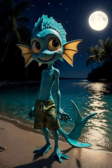 chibi, solo, male, luca paguro, humanoid, fishboy, green skin, freckles, skinny, short, long tail, fish tail, elbow fin, head tuft, scales, yellow sclera, big eyes, round face, nervous smile, (ribs:0.8), print swim trunks, swimming trunks, webbed hands, webbed feet, masterpiece, extreme detail, night, outside, beach, lagoon, (baggy swimming trunks:1.4), oversized clothes, floral pattern, standing, moonlight, looking at viewer, shy, blush