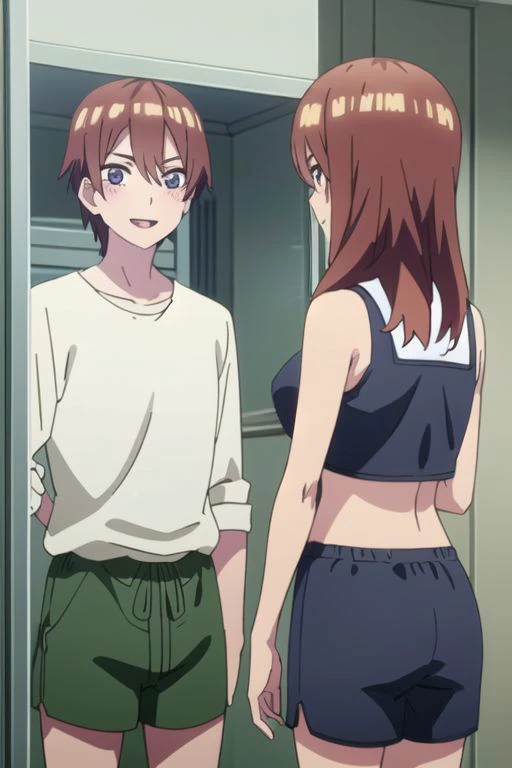 masterpiece,best quality,highly detailed,  miku, muku nakano, season2, brown hair, long hair, short hair, toothy smile, inside men s locker room, looking at mirror, 1girl seeing 1boy in mirror reflection, anime screencap, anime coloring, very colorful, 8k masterpiece, blue eyes, standing, (waifu, anime, exceptional, best aesthetic, new, newest, best quality, masterpiece, extremely detailed:1.2),, masterpiece, best quality,<lora:Quints-50:1> cross_swimming_trunks, male swimwear, swim trunks, black shorts,
BREAK
<lora:mirrorTrans:0.4>,(((girl looking at boy in mirror,mirror,reflection, looking at male in mirror rule 63))),henshin,henshin pose,mirror on desk,