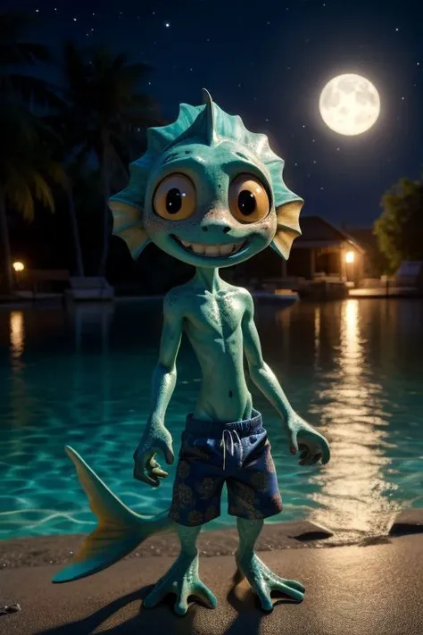 chibi, solo, male, luca paguro, humanoid, fishboy, green skin, freckles, skinny, short, long tail, fish tail, elbow fin, head tuft, scales, yellow sclera, big eyes, round face, nervous smile, (ribs:0.8), print swim trunks, swimming trunks, webbed hands, webbed feet, masterpiece, extreme detail, night, outside, beach, lagoon, (baggy swimming trunks:1.4), oversized clothes, floral pattern, standing, moonlight, looking at viewer, shy, blush