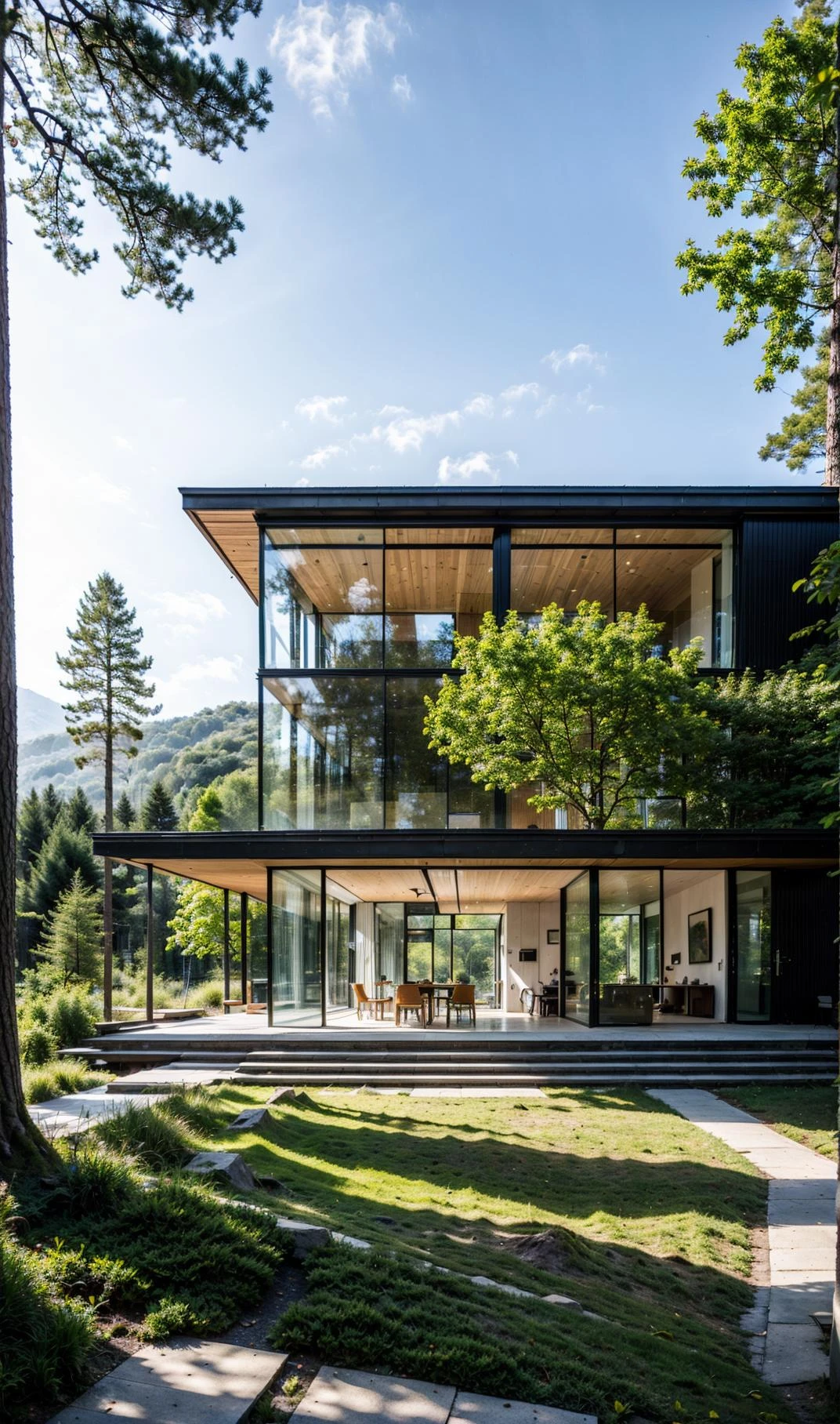 (sping scenery:1.3),grey and red walls, small detached house,(modernist concrete wall house:1.5),(large floor-to-ceiling windows:1.2),(surrounded by forest:1.5),(sloped terrain:1.2),(mountains in the background:1.2),(sunny weather:1.2),(high-definition:1.5),(clear details:1.5),<lora:add_detail:0.4> <lora:UIAXD3.0:0.35>