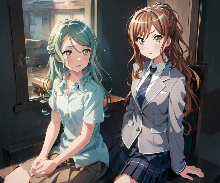 (masterpice, best quality, high quality, highres:1.4), extremely detailed, detailed skin, ambient soft lighting, 4K, line art, art, multiple girls, 2girls, full body,yuri,
AND <lora:Lisachi-05:0.7> , lisachi, long hair, wavy hair,jewelry, earrings, green eyes, <lora:newlisa:0.5>, grey_necktie, haneoka_school_uniform, grey jacket, necktie, plaid_skirt, grey_pleated_skirt, school_uniform, grey_skirt, sitting
AND <lora:SayoHikawa:0.7>, ,sayobd, long hair, blush, shirt, jewelry, green eyes, yellow eyes, white shirt, short sleeves, collared shirt, indoors, necklace, aqua hair, pendant, sitting