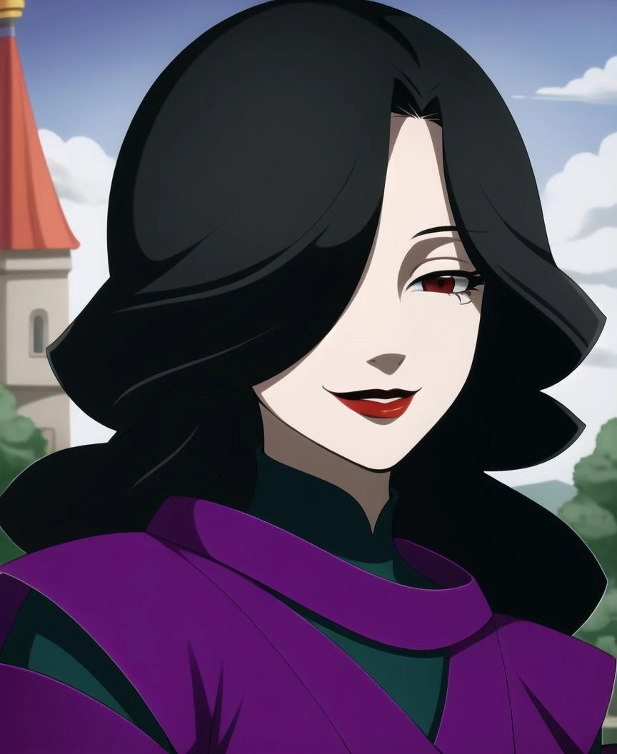 <lora:GundamAge_DoreneEzelcant_Ms:0.7>,portrait, red eyes, hair over one eye,black hair, wavy hair, red lips, purple dress, smile,maturefemale, background is cast, castle archs, fantasy land