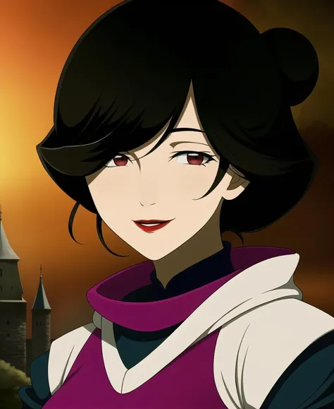 <lora:GundamAge_DoreneEzelcant_Ms:0.7>,portrait, red eyes, black hair,medium hair, (messy hair bun with bangs:1.2), red lips, sports bra, smile,maturefemale, background is cast, castle archs, fantasy land