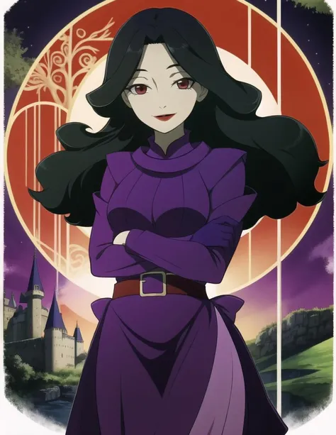 <lora:GundamAge_DoreneEzelcant_Ms:0.7>, red eyes, black hair, wavy hair, red lips, purple dress, smile,maturefemale, background is cast, castle archs, fantasy land