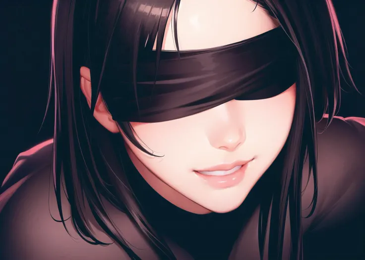 black background, black ambience, dark ambience, moody, ((caustics)), cinematic composition, bloom, (masterpiece), 8k, absurdres, official_art:2, BREAK,
1girl, (((blindfold, black robes, (lips), short hair, black hair, skinny, wide hips, BREAK,
facing viewer, pov, hands behind back, arms behind back, close up, kneeling, ((smile)), ((extreme close up)),