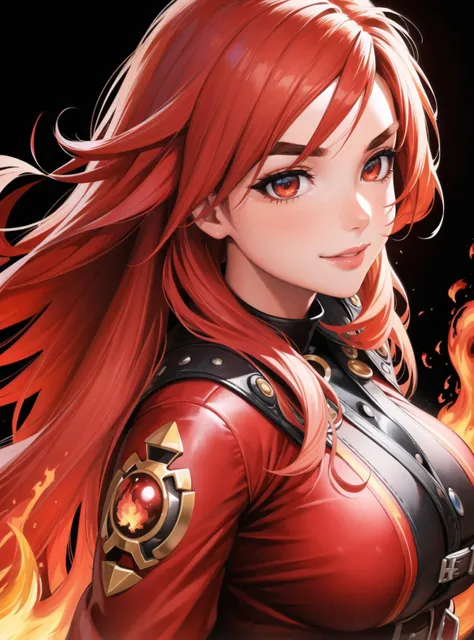 black background, red ambience, ((caustics)), cinematic composition, bloom, (masterpiece), 8k, absurdres, official_art:2,  (((fire))), (((flames))), BREAK,
1girl,(((flaming hair))), (((fire hair))), (lips), long hair,  skinny, wide hips, (detailed pupil, beautiful eyes, detailed eyes, expressive eyes, red eyes, fiery eyes),BREAK,
facing viewer, pov, ((smile)), ((extreme close up)),  (thick eyebrows), (large breasts, natural breasts, sagging breasts), red robes, tattered clothes, red jewelry, heat, fire ambience