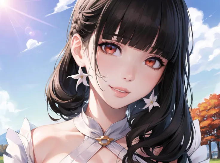 very detailed background, highly detailed background, scenery, landscape, (masterpiece), 8k, absurdres, official_art:2, (outdoors, dreamlike, white flowers, grass, red leaves trees, autumn,  caustics, sunny, lens flare, backyard), BREAK,
1girl, (makeup, eyeliner, black hair, (((blunt bangs)), white pleated dress, summer dress, windy, flowing hair, ((curly hair)), hair in face, hair covering eyes, green earrings, (lips), BREAK,
oneesan, milf, big sister, skinny, wide hips, (detailed pupil, beautiful eyes, detailed eyes, expressive eyes, red eyes), slim, pale skin, tall, long ponytail, smug, smile, sagging breasts, natural breasts, (((extreme close up))), (((pov)))