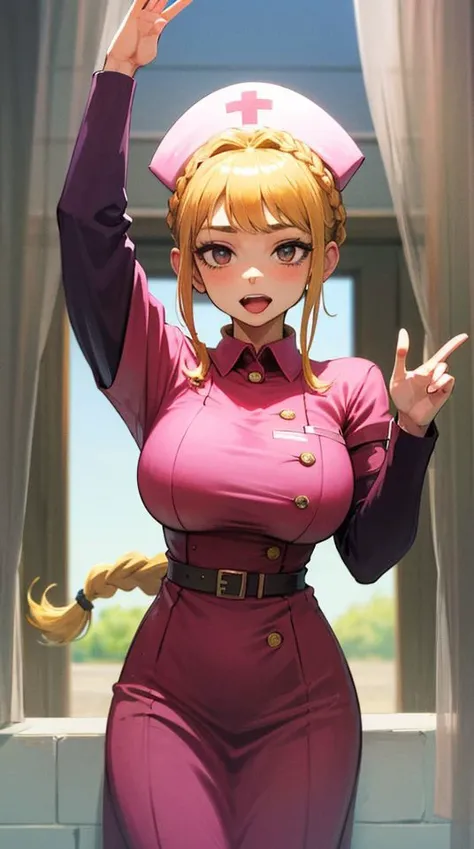 (masterpiece:1.4), (best quality), (detailed) BREAK <lora:GopherThetaStyle:0.75>
1girl, alternate_costume, arm_up, bow, braid, breasts, curtains, dress, hair_bow, hat, huge_breasts, long_braid, long_hair, looking_at_viewer, nurse, nurse_cap, pink_dress, single_braid, solo, tongue, twisted_torso, very_long_hair
