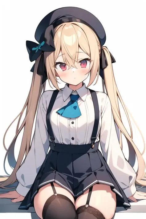 (best quality,masterpiece),<lora:zoirun:0.6>,1girl,solo,thighhighs,skirt,twintails,long hair,red eyes,blonde hair,white thighhighs,hat,garter straps,blush,sitting,white background,blue skirt,looking at viewer,shirt,simple background,suspenders,pleated skirt,white shirt,pink jacket,jacket,black headwear,bangs,heart,ascot,ribbon,hair ribbon,open clothes,suspender skirt,closed mouth,collared shirt,very long hair,long sleeves,hair between eyes,